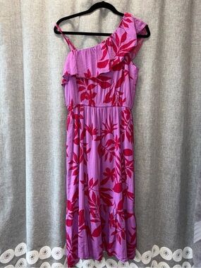 Old Navy One-Shoulder Lavender Dress with Red Floral Print Small